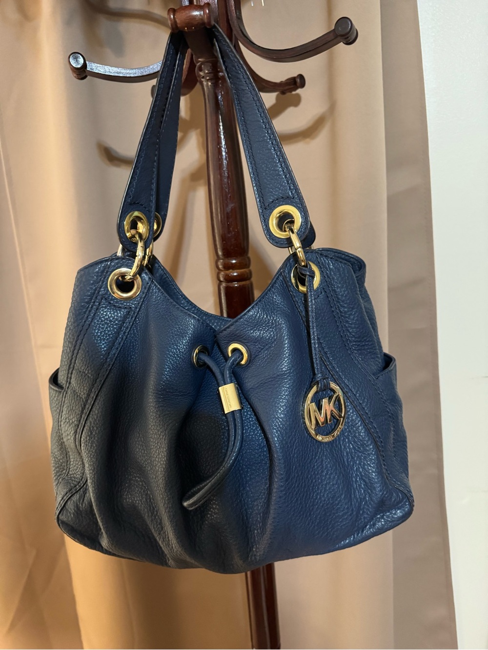 Michael Kors Navy Pebbled Leather Drawstring Hobo with Gold Hardware